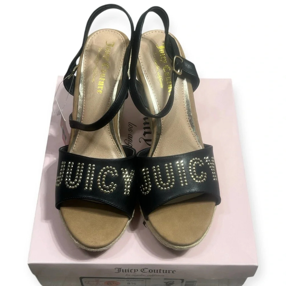 Juicy Couture Black Metal Stud Espadrille Platform Ankle Strap Wedge Sandals 8.5